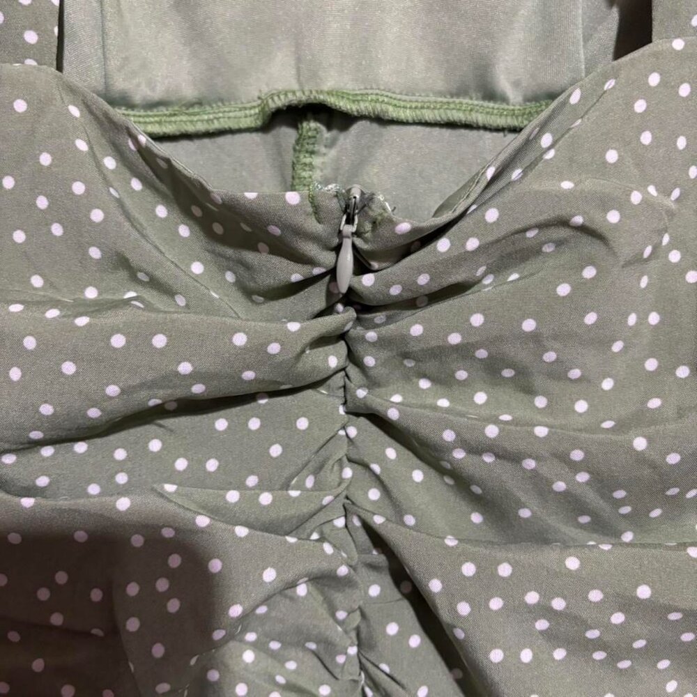 D'liteful polka dot ruched puff sleeve v-neck open back mini dress sage green - Picture 3 of 6